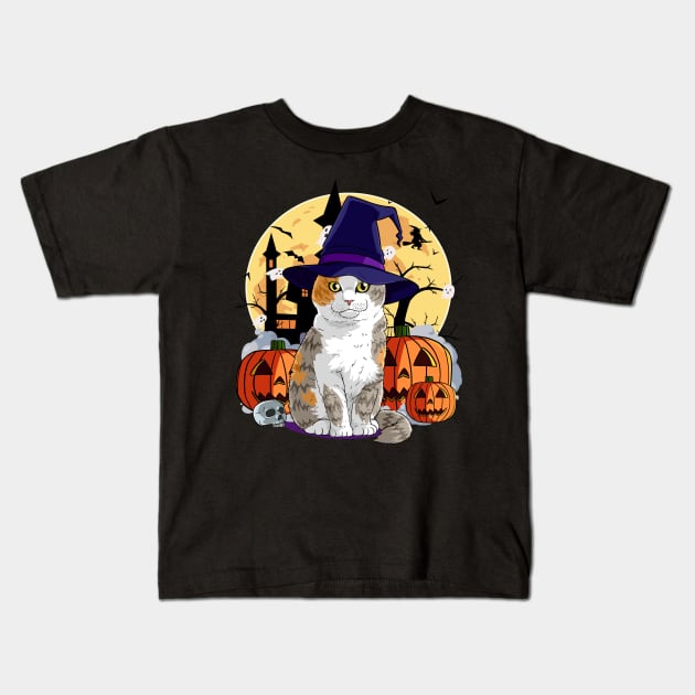 Scottish Fold Cat Funny Halloween Witch Pumpkin Kids T-Shirt by Noseking
